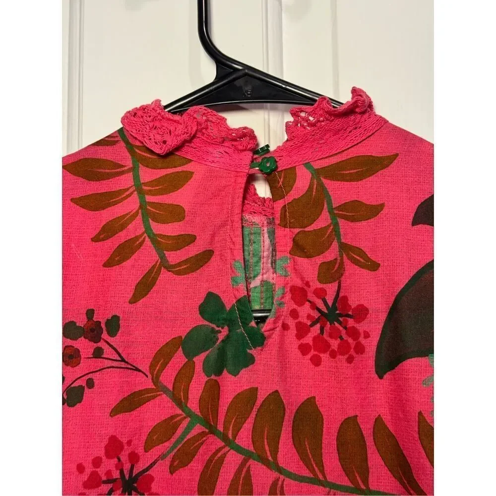 Farm Rio Floral Yard Blush Volumious Puff Half Sleeves High Collar Blouse XS